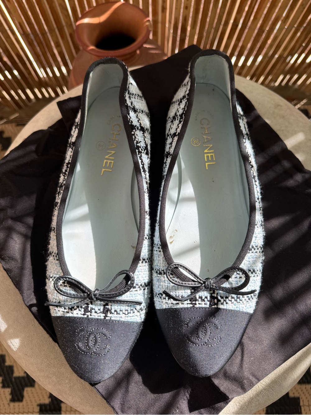 CHANEL Black and White Tweed Cap-Toe Ballet Flats